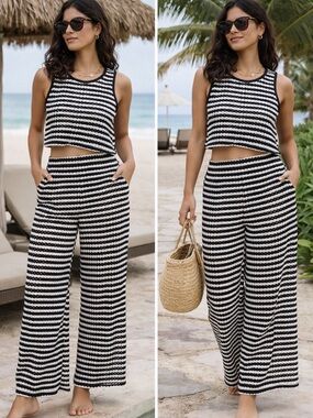 Time and Tru Black and White Striped Wide-Leg Knit Pants & Crop Tank Set